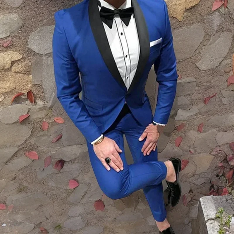 Groom Tuxedos for Wedding Groomsmen Black Shawl Lapel Slim Fit Formal Business Men Suits Male Fashion Dinner Jacket 2024