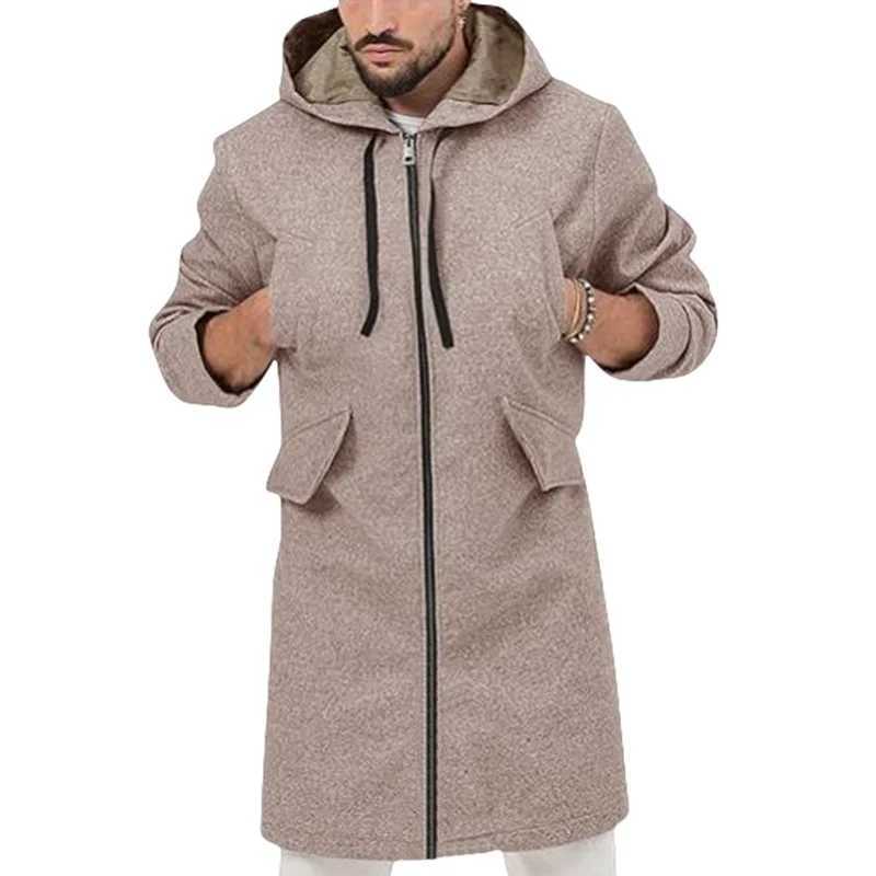 Autumn Winter Mens Hooded Jacket Long Zip Coat with Lining Wool Blends Streetwear Knee Coats Casual Mens Outerwear Clothing LX241010