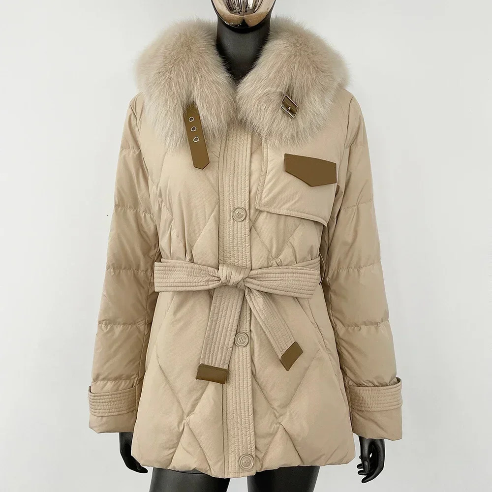White duck down jacket fashionable lace top fox fur collar thick warm jacket autumn winter real fur coat real fur coat 241007