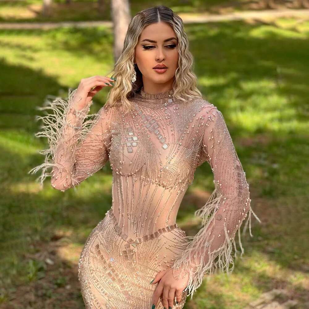 Wasisi Dubai Gowns Prom Dress Nude Illusion Pearls Beaded Feathers Mermaid Long Evening Dresses 2024 For Women Party