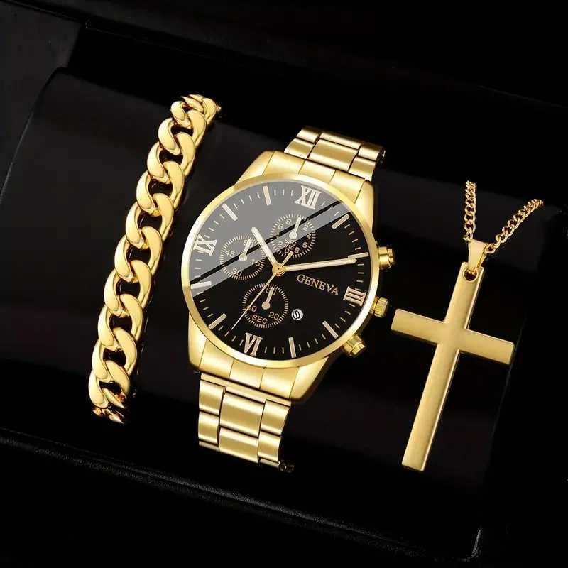 3PCS Classic business style alloy mens quartz watch with Cuban bracelet Cross necklace set Birthday gift wristband calendarX241010