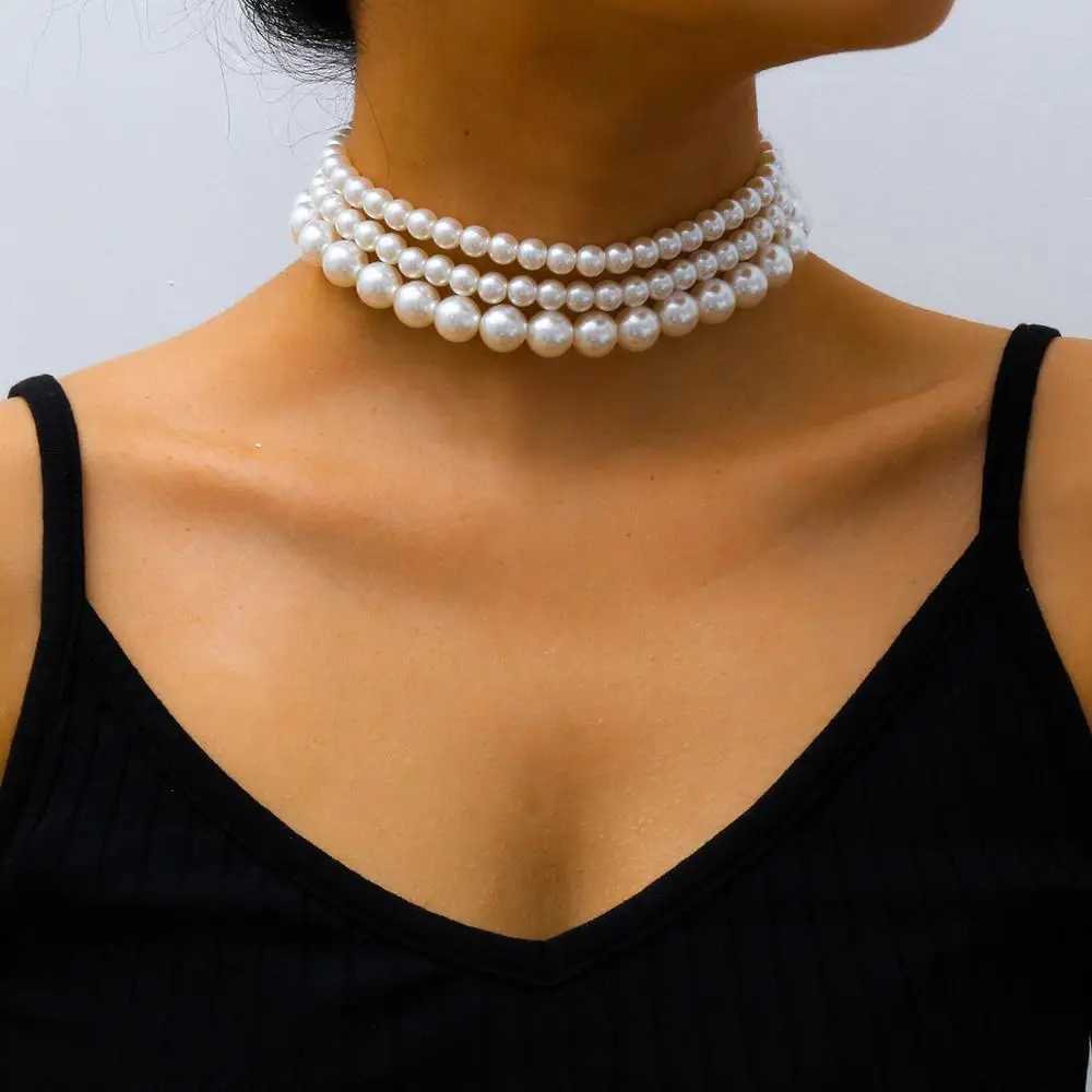 Multi-Layer White Imitation Pearl Necklace Bead Chain Punk Ladies Wedding Short Clavicle Necklac Girl Charm Banquet JewelryX241009