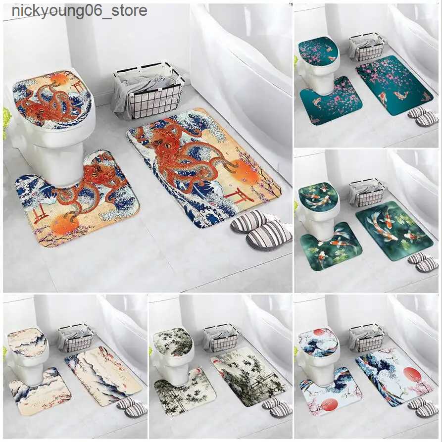 Non-Slip Bath Mats Japanese Style Bath Mat Set Fun Octopus Sea Waves Koi Carp Green Bamboo Cherry Blossom Home Bathroom Decor Rugs Toilet Lid Cover L2
