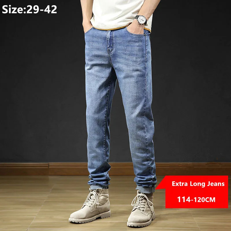 Mens 114CM 120cM Extra Long Blue Denim Jeans Stretch Plus 42 40 Slim Fit Stretch Big Mens Straight Pants 241007