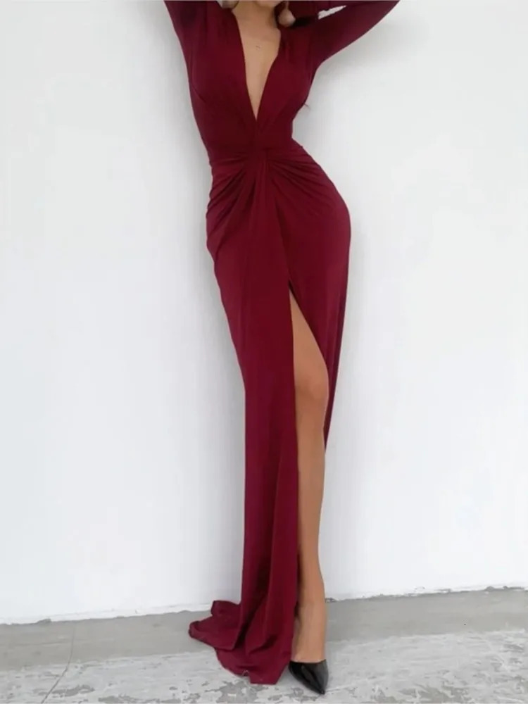Women Maxi Dress Autumn 2023 Fashion Sexy Slit V Neck Long Sleeve Solid Slim Pleated Evening Party Prom Dresses 241009