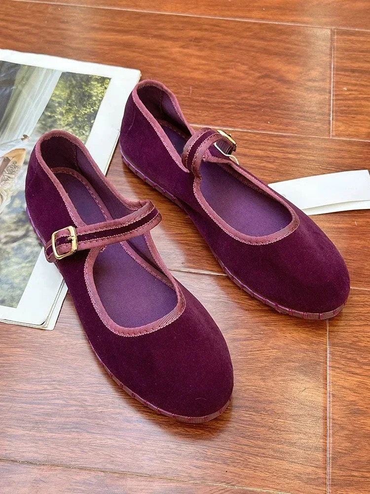 Hand sewn Mary Janes shoes for women trend velvet elegant ballet flat shoes for spring and autumn casual buckle strap canvas coat 241007