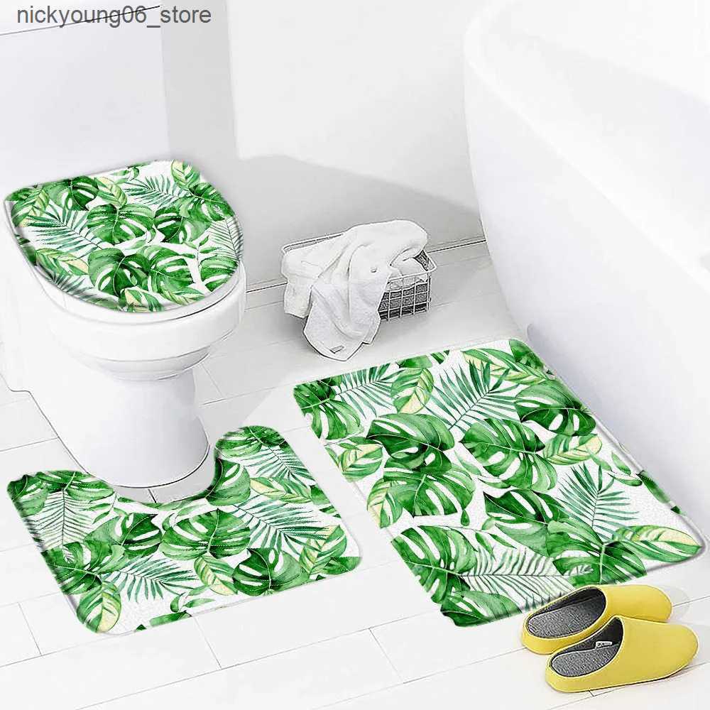 Non-Slip Bath Mats Tropical Leaves Bath Mat Set Watercolour Plants Green Gold Palm Leaf Monstera Flannel Bathroom Decor Non-Slip Rugs Toilet Cover L24