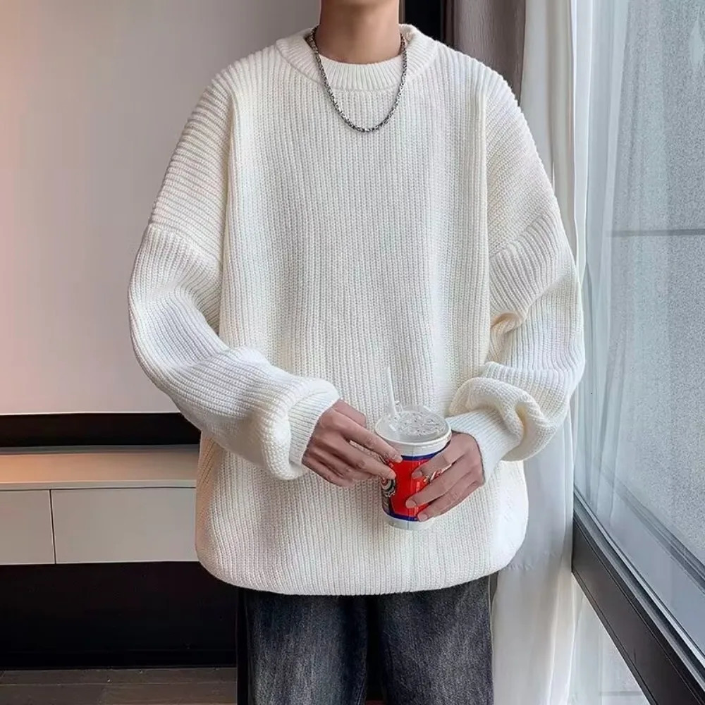 Mens wool sweater autumn and winter slim fit streetwear mens Korean fashion solid clothing casual knitted sweater mens latte art 241007