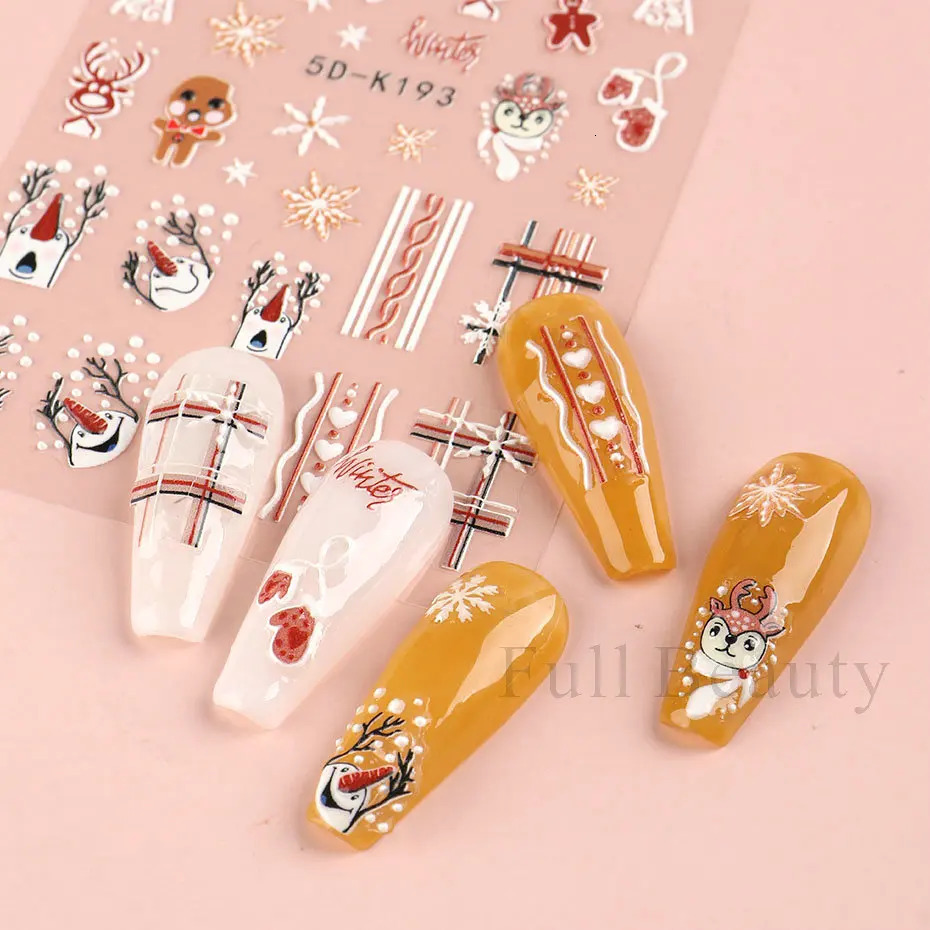 5D Merry Christmas Nail Stickers Cute Snowman Elk Embossed Snowflake Sweater Slide Year Decoration LA5D-K193 241008