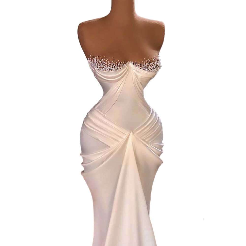 Pearls Satin Prom White Fashion Strapless Women Evening Gowns Sleeveless Pleat Formal Mermaid Party Dresses