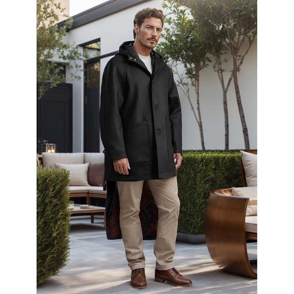 Mens autumn and winter coat mid-length hooded raglan sleeve woolen coat solid color single-breasted large pocket mens coat LX241010