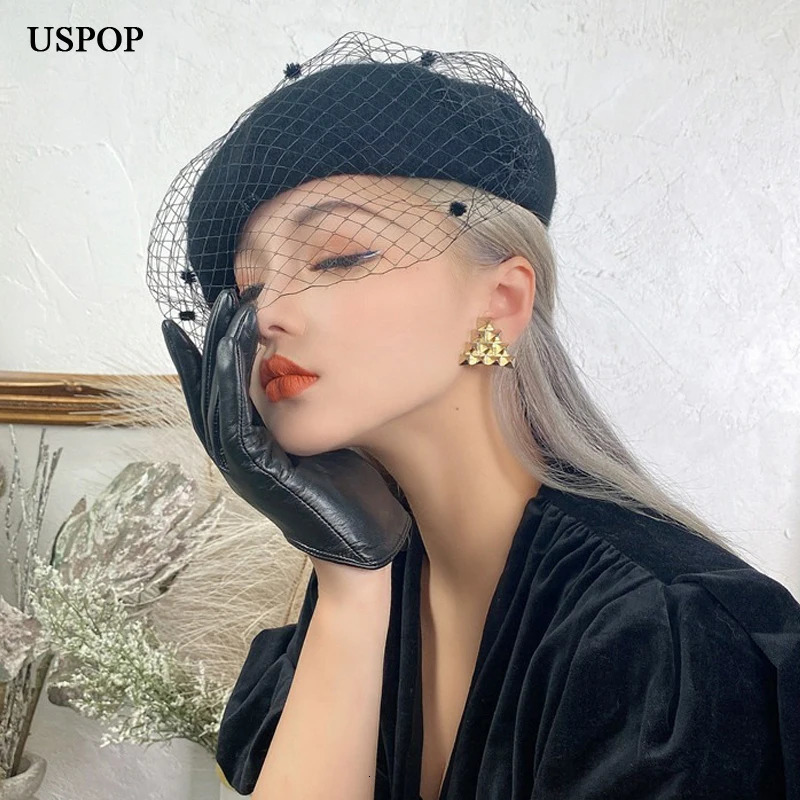 USPOP Womens Hats Winter Thick Wool Berets Adjustable Size Solid Color Vintage Mesh Yarn Beret Hat 241009