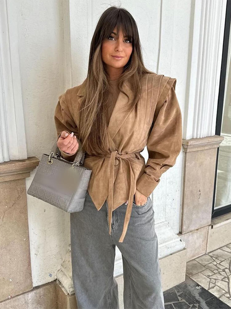 Elegant Pu Leather Patchwork Jacket With Belt Women Fashion Long Sleeves Drawstring Tie Coat 2024 Female Thick Street Outwear
