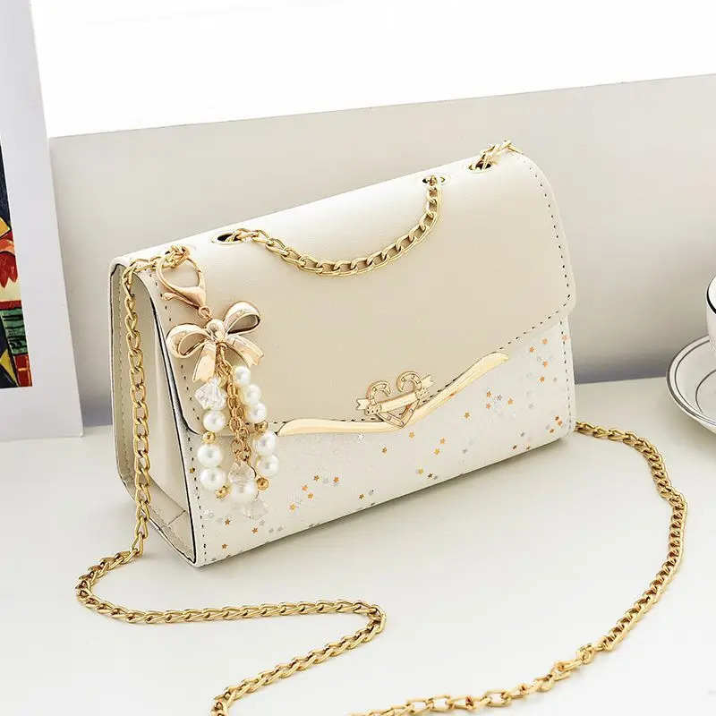 Fashion ladies ten font small square bag girls shoulder bag cross square tassel pendant sequin embossed PU polyester 241008