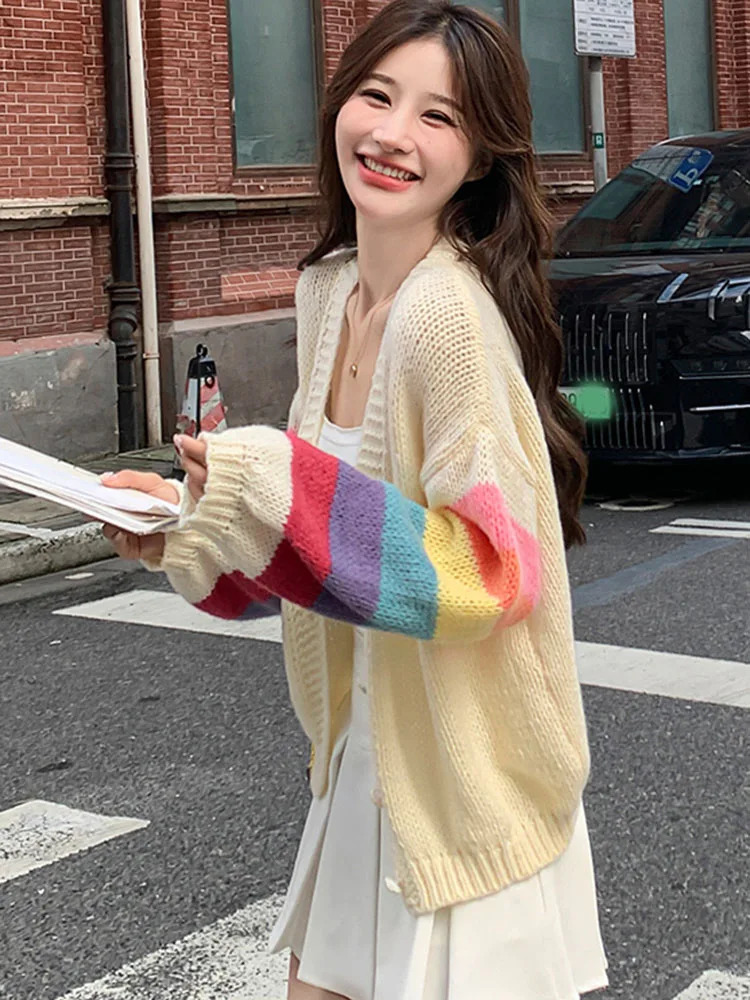 Fashion Rainbow Sweet Cardigan Sweater Casual Lazy Wind Korean Knitted Coat Chic V Neck Loose Long Sleeve Tops Outwear 241007