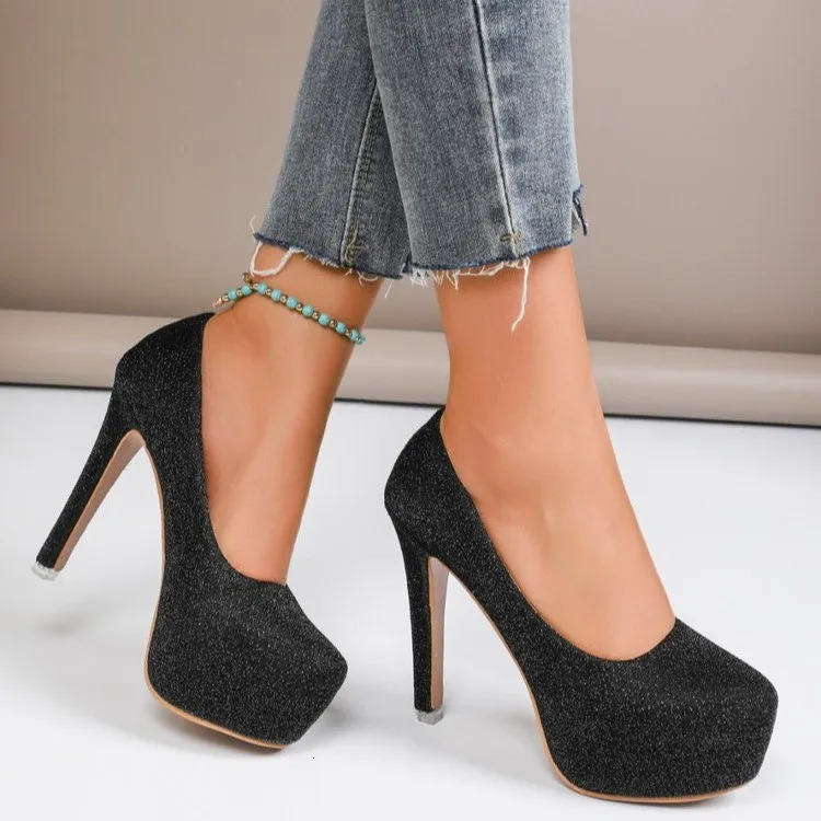 Spring and Autumn Womens Pump Shoes Sexy Sliding Round Insole 16CM Thin Boots Office Womens Office Professional Womens Shoes Black 241007
