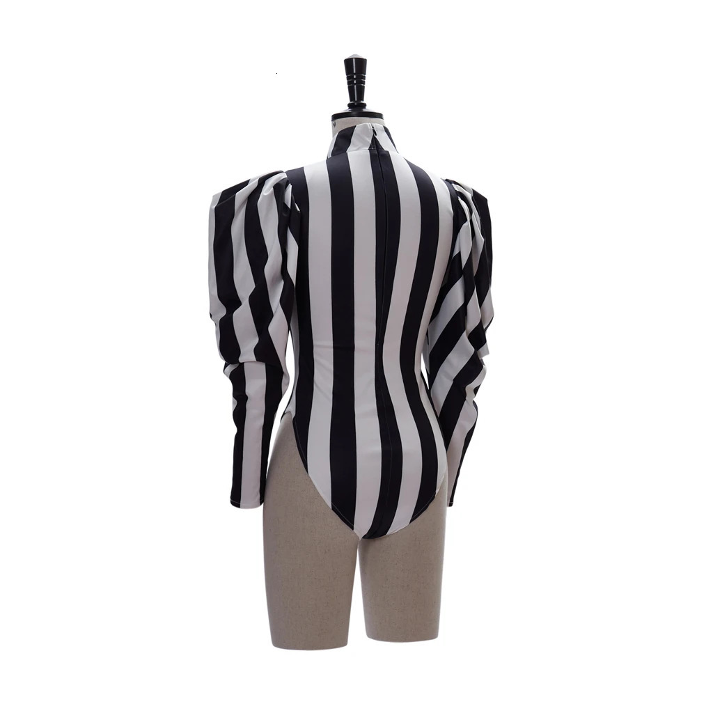 Victorian Gothic costume sexy dress black and white striped jumpsuit roleplaying Halloween 241007