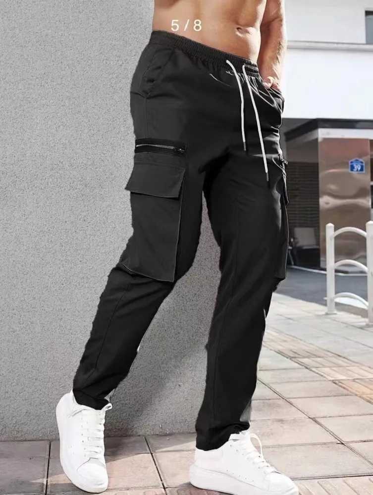Jogger casual sports zipper decorative cargo pants with waist drawstring mens plus size woven solid color zipper cargo pants W241009