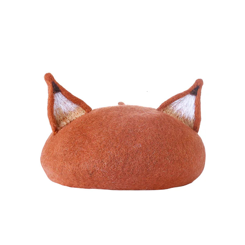 Retro Womens Cute Fox Ear Woolen Beret Caps Real Wool Casual Warm Painter Hat Handmade Nick Cat Ear Beret Hat Gift RH 241009