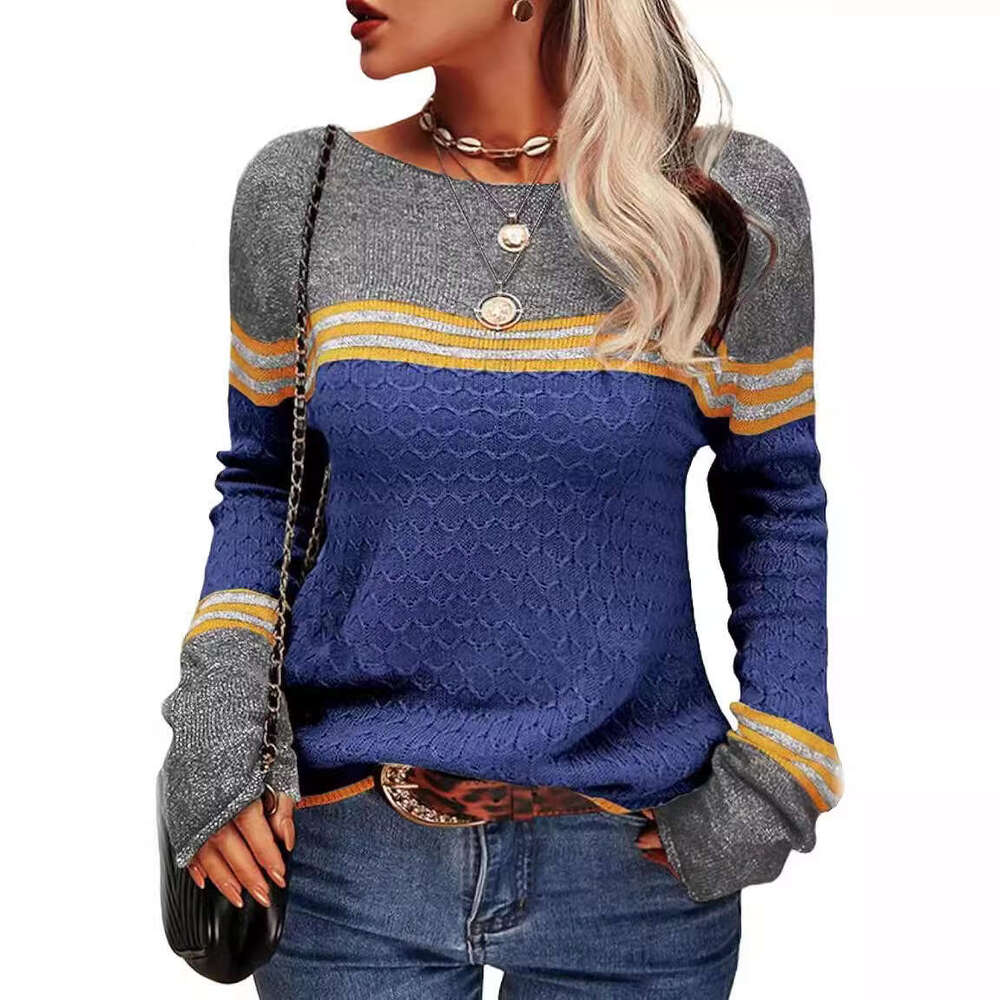2024 autumn and winter new fashionable crochet long sleeved top with striped color blocking round neck knitted sweater for women