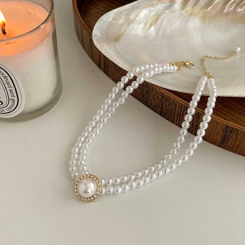 Two-layers Pearl Chokers for Women Luxury Crystal in Middle Double-layers Imitation Pearl Beads Wedding Neck Jewelry collarX241009