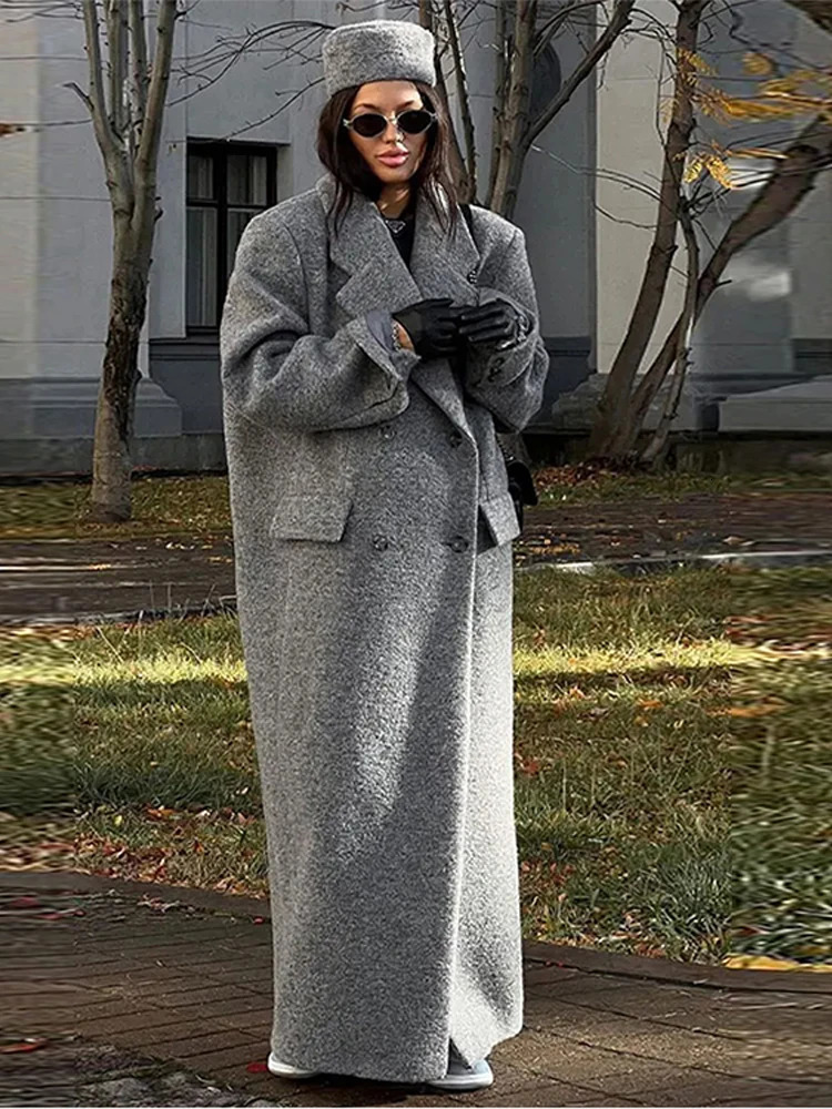 Elegant faux fur long coat for women long sleeved with loose collar and wool womens Maxi coat autumn and winter Gary womens jacket 241007