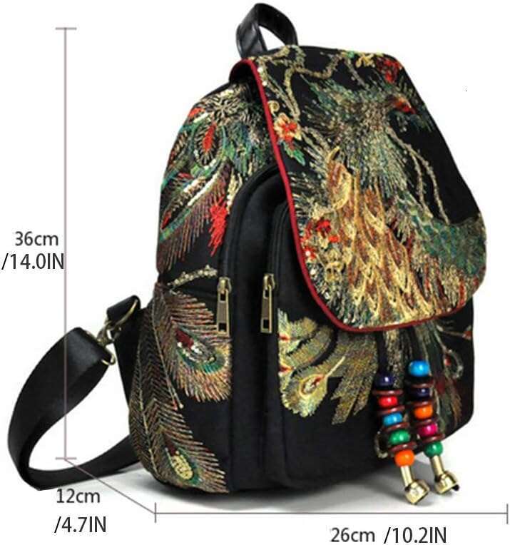 Vintage Canvas Boho Backpack For Women - With Phoenix Sequin Embroidery (Blue)