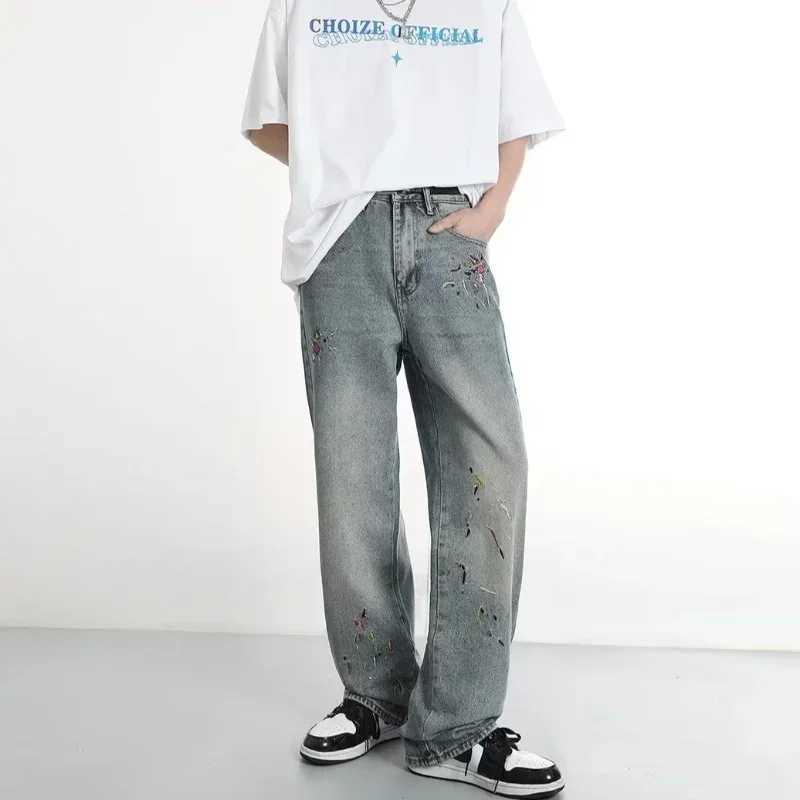 2024 New Mens Graffiti Embroidered Baggy Jeans Retro Straight-leg Denim Trousers High Street Distressed Y2K Jean pantalonesX241009