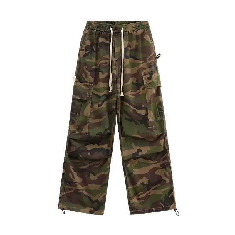 Fashionable American style retro hip-hop camouflage wide leg cargo pants loose fit casual pants mens large pockets W241009