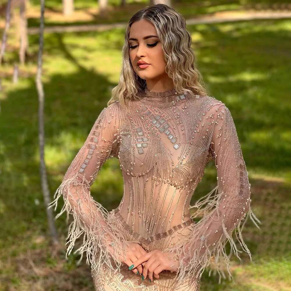 Wasisi Dubai Gowns Prom Dress Nude Illusion Pearls Beaded Feathers Mermaid Long Evening Dresses 2024 For Women Party