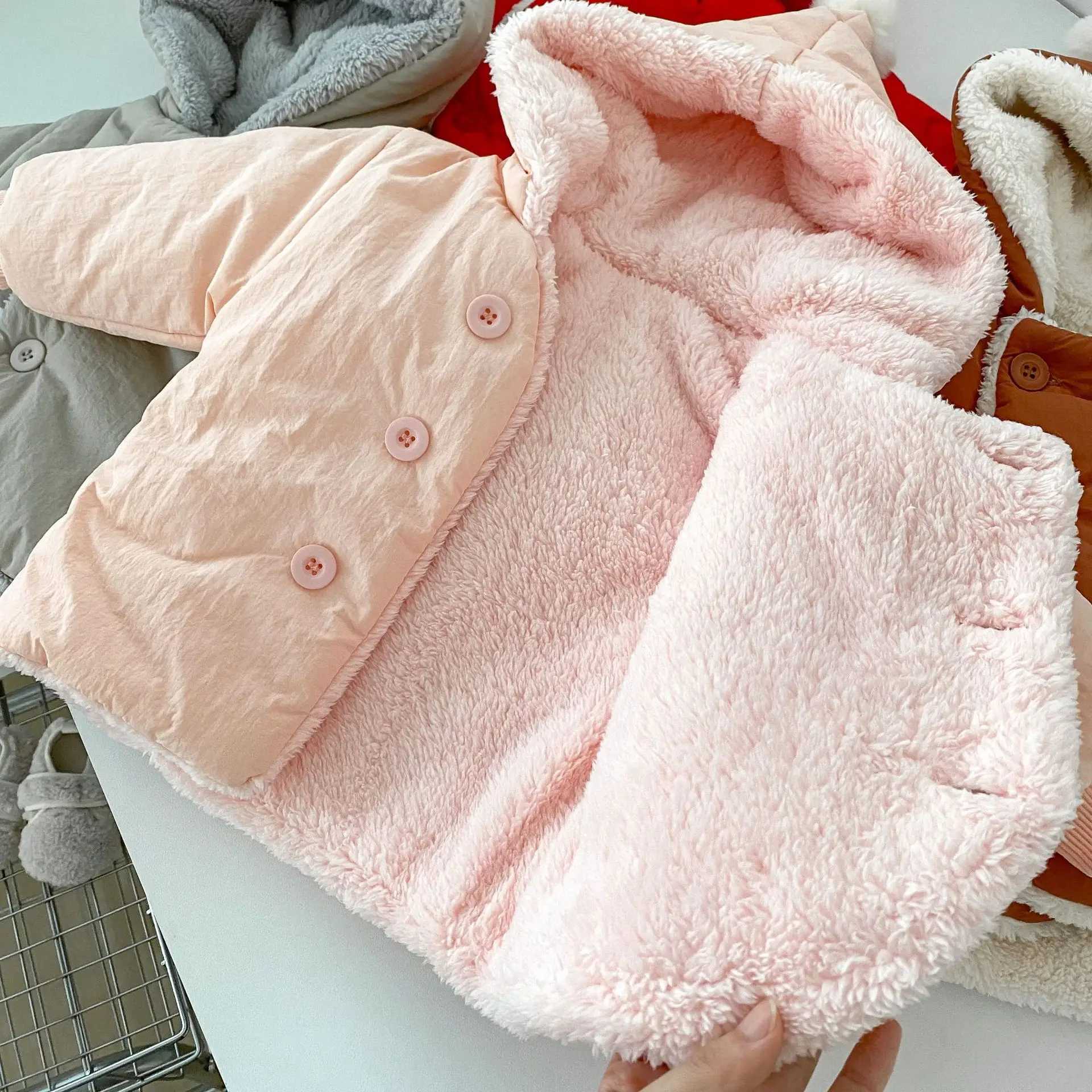 Down Coat Winter Baby Girl Parkas Cotton Hoodie with Velvet Buttons Solid Thick Warm Baby Girl Coat Preschool Girl Jacket H241010