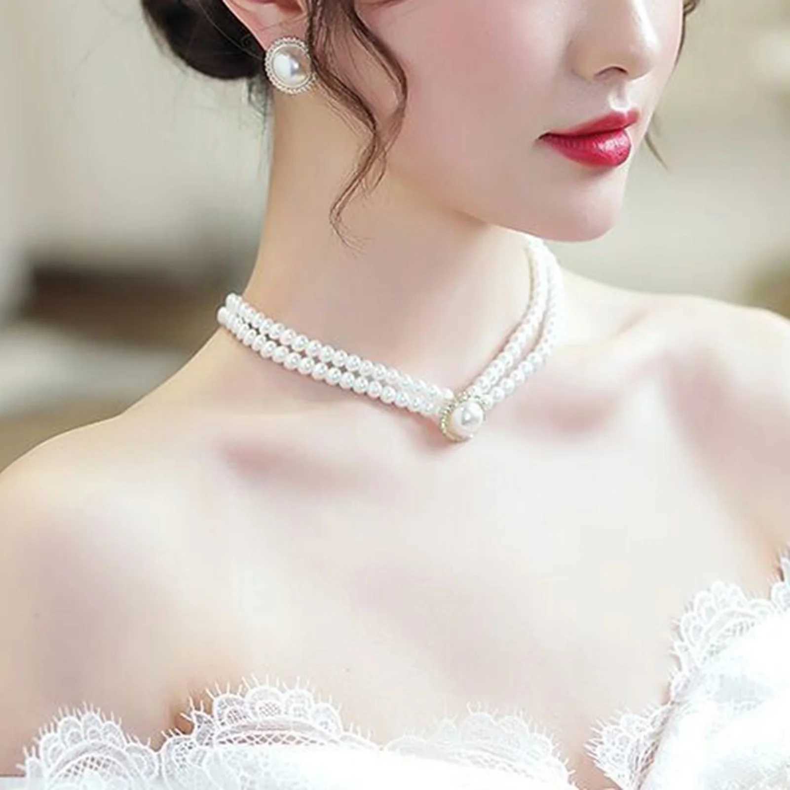 Personalized Pearl Necklace Earrings Set French Vintage Elegant Pearl Earrings Necklace for Dating Shopping Outfit AccessoryX241009