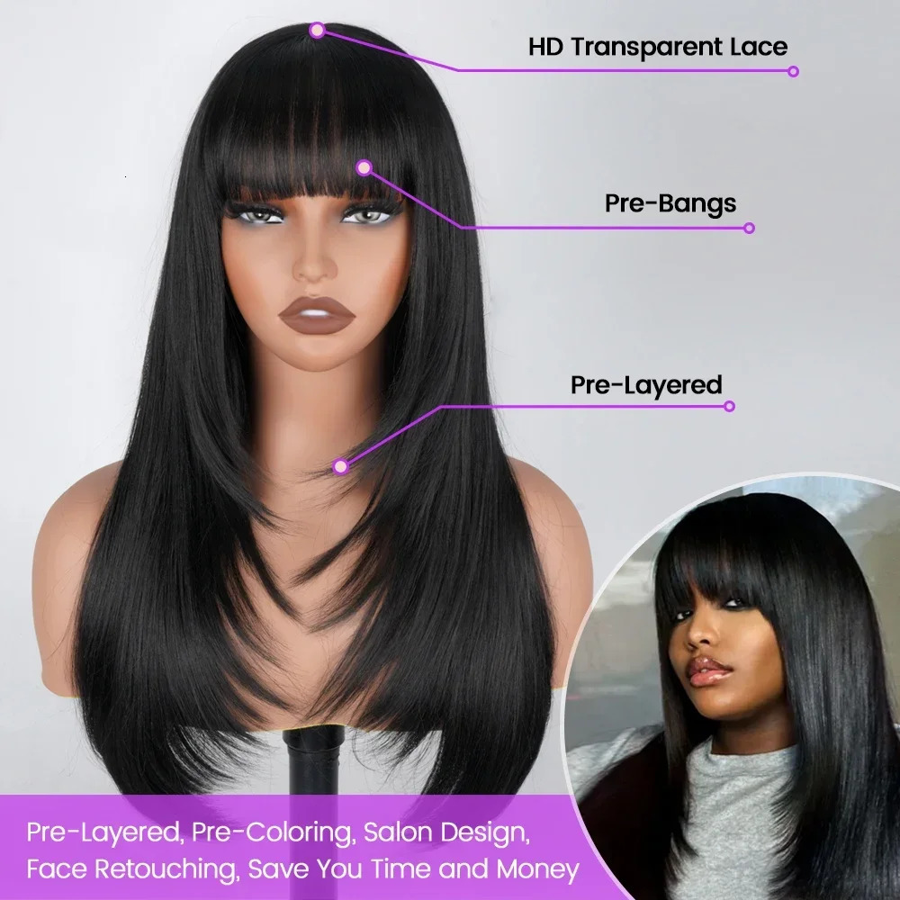 Black womens straight cut wig 3X1 HD lace synthetic laminated wig with bangs natural black straight non adhesive wig 241007