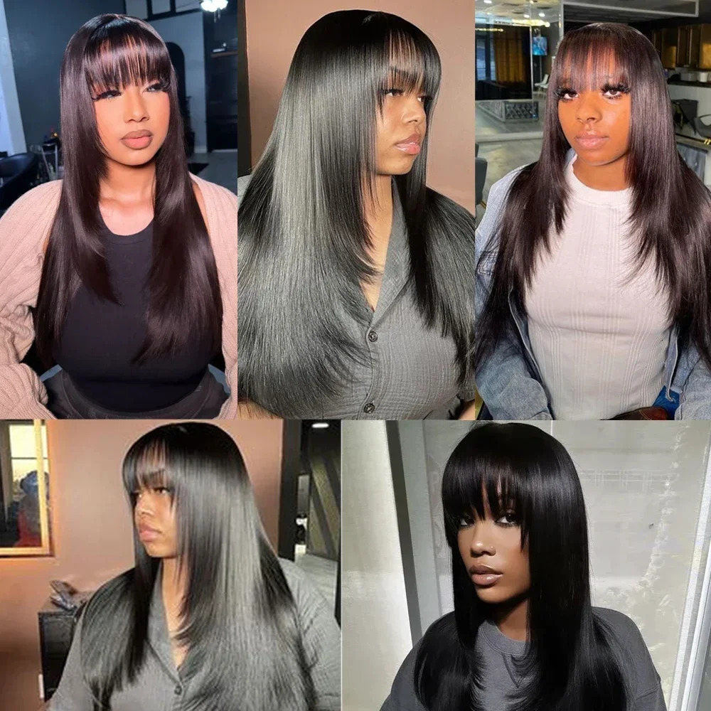 Black womens straight cut wig 3X1 HD lace synthetic laminated wig with bangs natural black straight non adhesive wig 241007