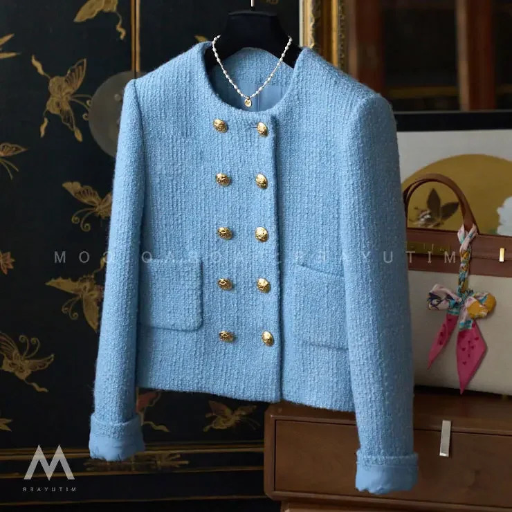 French small perfume short double-layer bra suitable for women in spring and autumn tweed top harajuku 240930