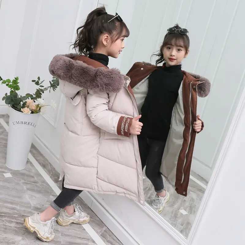 Down Coat 2024 Fashion Childrens Winter Cotton Jacket Girls Clothing Warm Thick Park Fur Collar Hooded Long Coat 3-14Y H241010