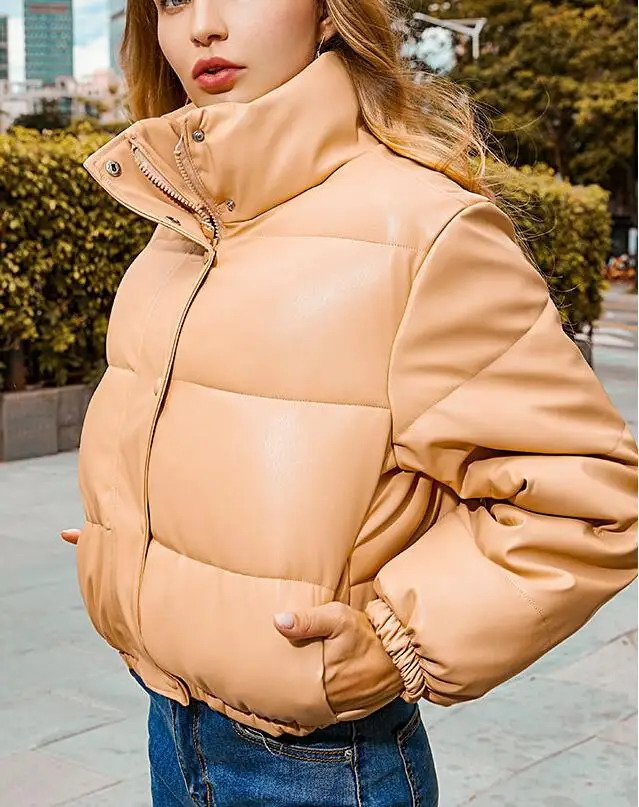 Padded Lady DownJacket Winter Warm Thick PU Leather Coat Short Parka Fashion Cotton 240930