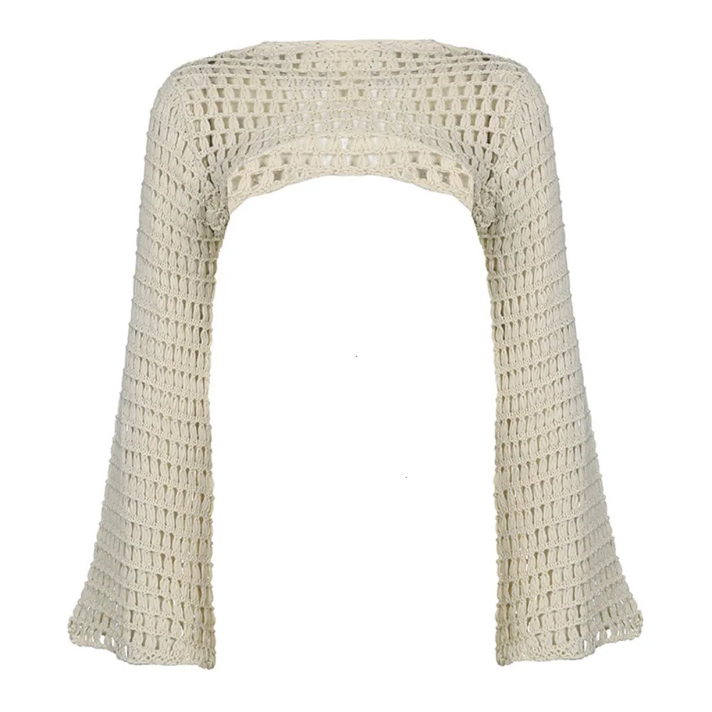Women Y2k Crochet Knit Hollow Out Crop Top Long Flared Sleeve Shrug Sweater Mesh Cover Ups Cardigan Streetwear Pullover 241010
