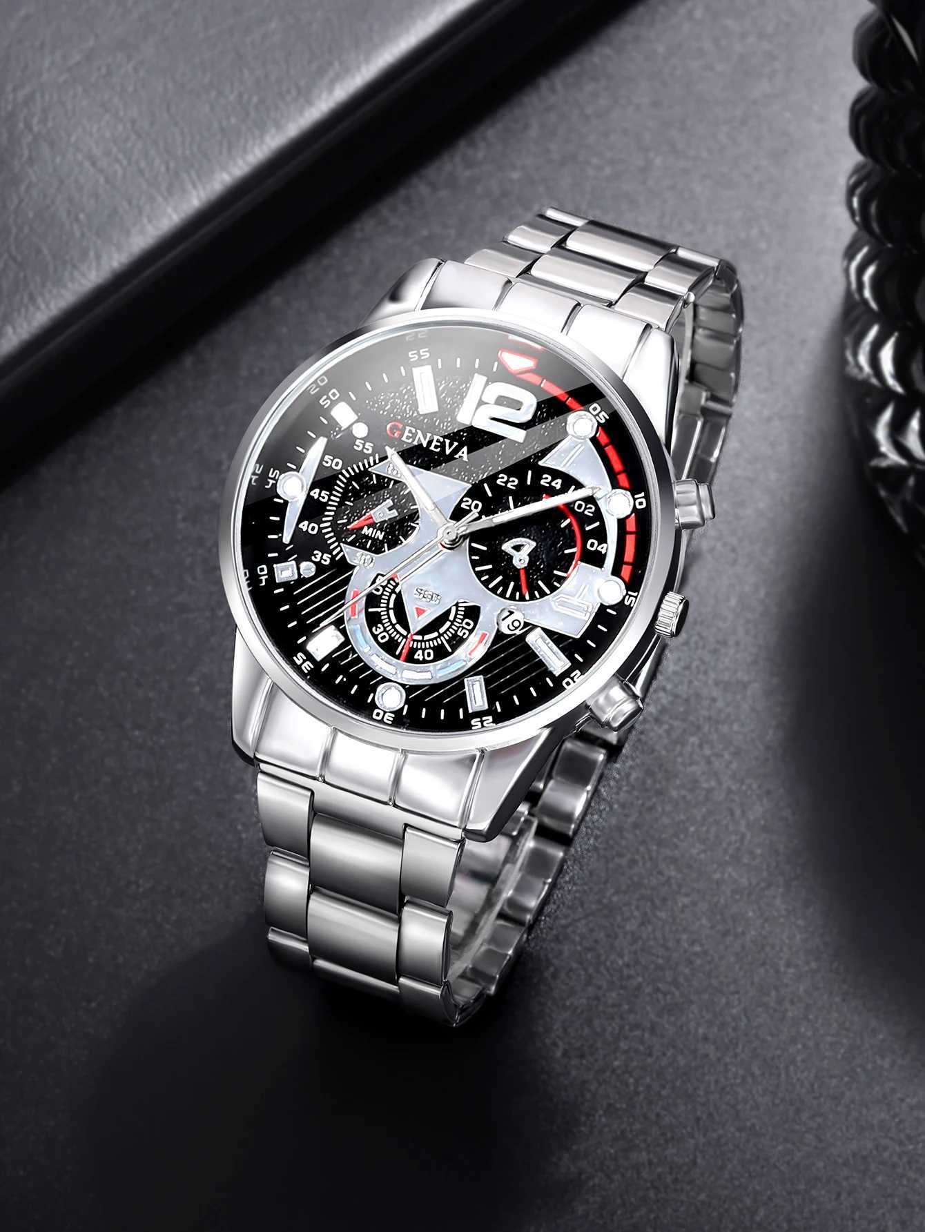 3pcs Business Style Silver White Mechanical design Mens alloy quartz watch with calendar and alloy necklace bracelet setX241010