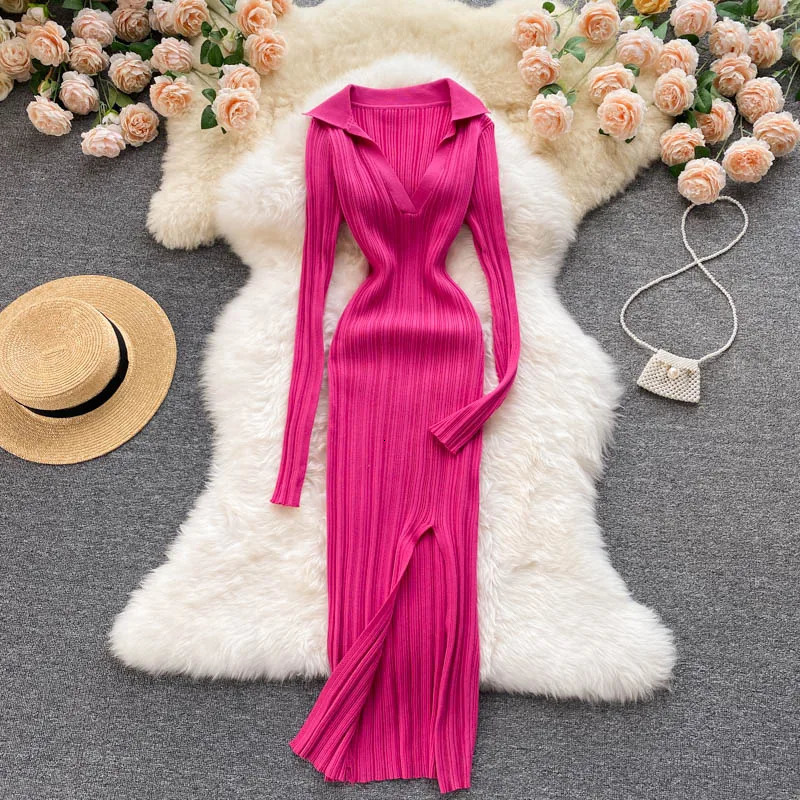 YuooMuoo Autumn Winter Knit Rib Wrap Midi Pencil Dress for Women Streetwear Korean Long Sleeve Bodycon Split Sweater Party Dress 241010