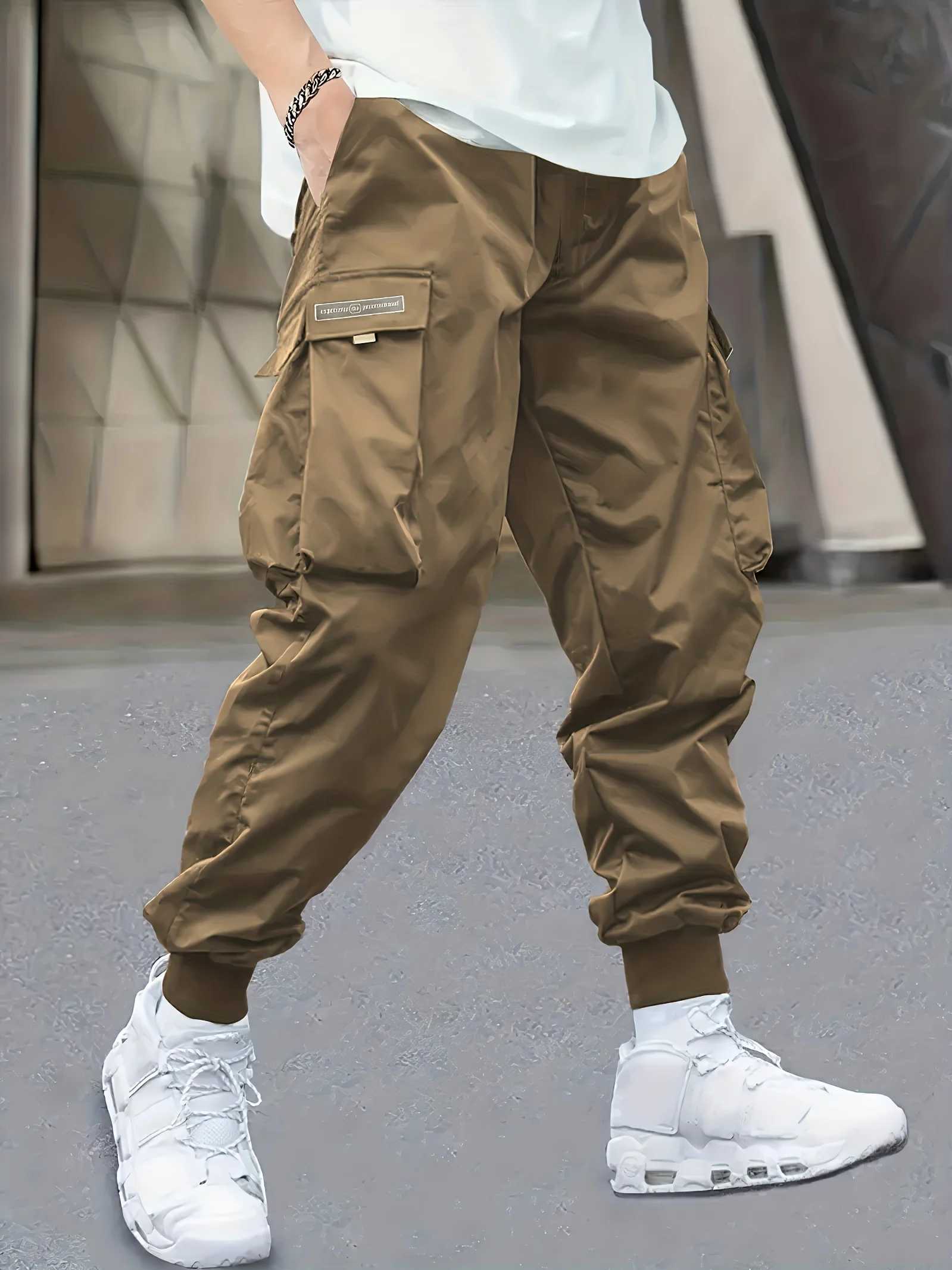 Mens cargo pants casual sports outdoor large pockets lightweight tight fitting tailored pancake 06B W241009