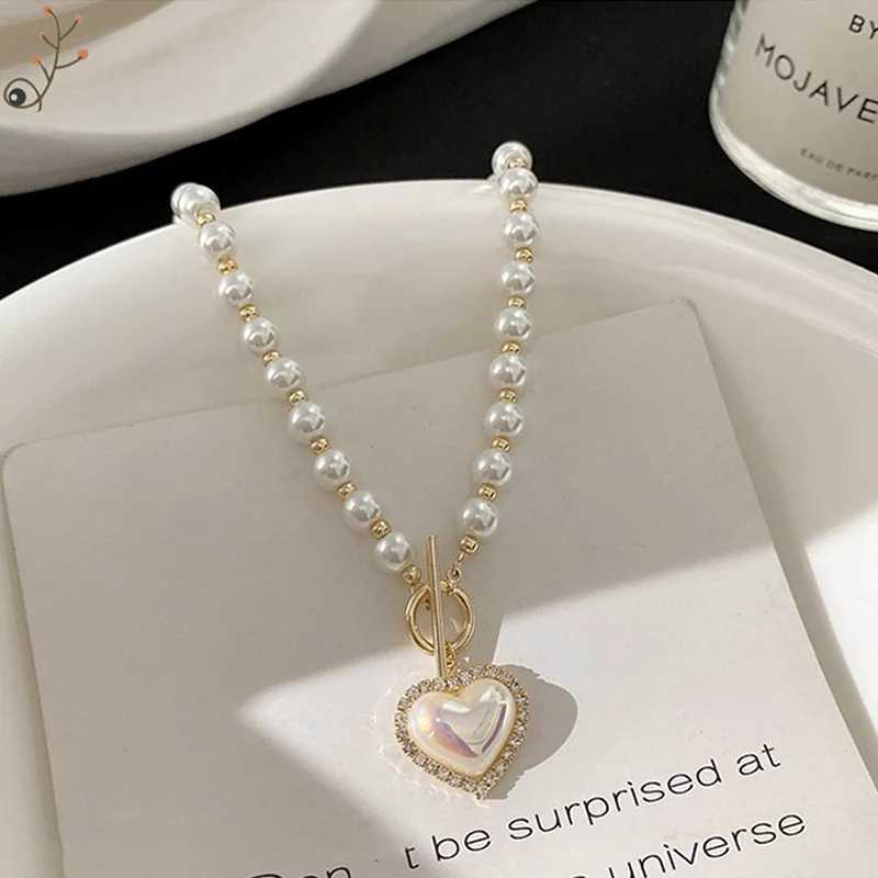 2022 New Korean Fashion Chain Elegant Pearl Beads Necklace For Women Ladies Fashion Rhinestone Heart Pendent Jewelry GiftsX241009