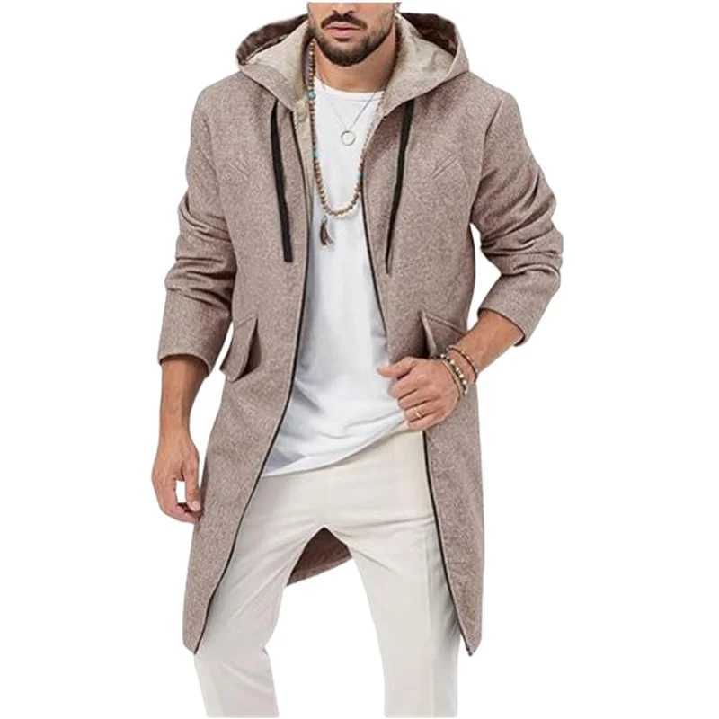Autumn Winter Mens Hooded Jacket Long Zip Coat with Lining Wool Blends Streetwear Knee Coats Casual Mens Outerwear Clothing LX241010