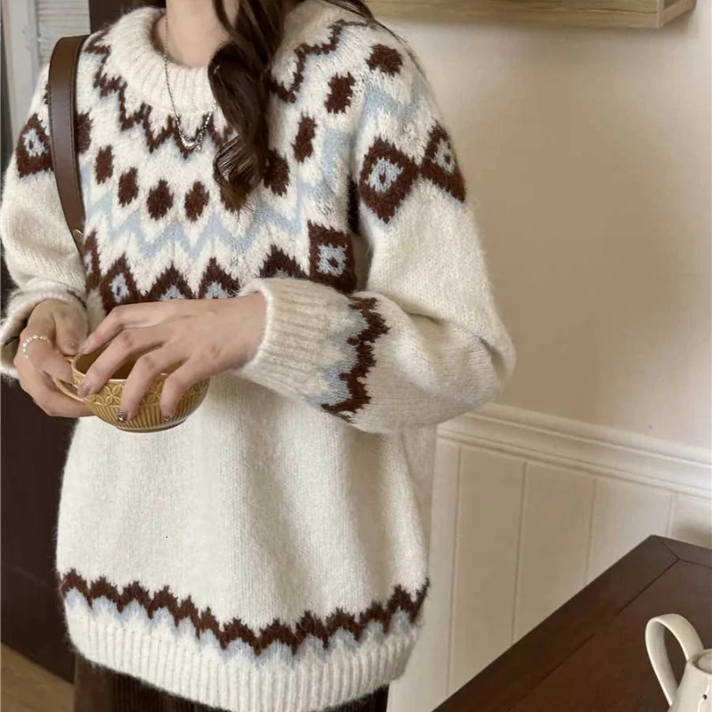 Deeptown Vintage Fair Isle Womens Sweater Korean Fashion Long Sleeve Knitted Zipper Loose Autumn Winter Preparatory Aguilar Parachute 241009