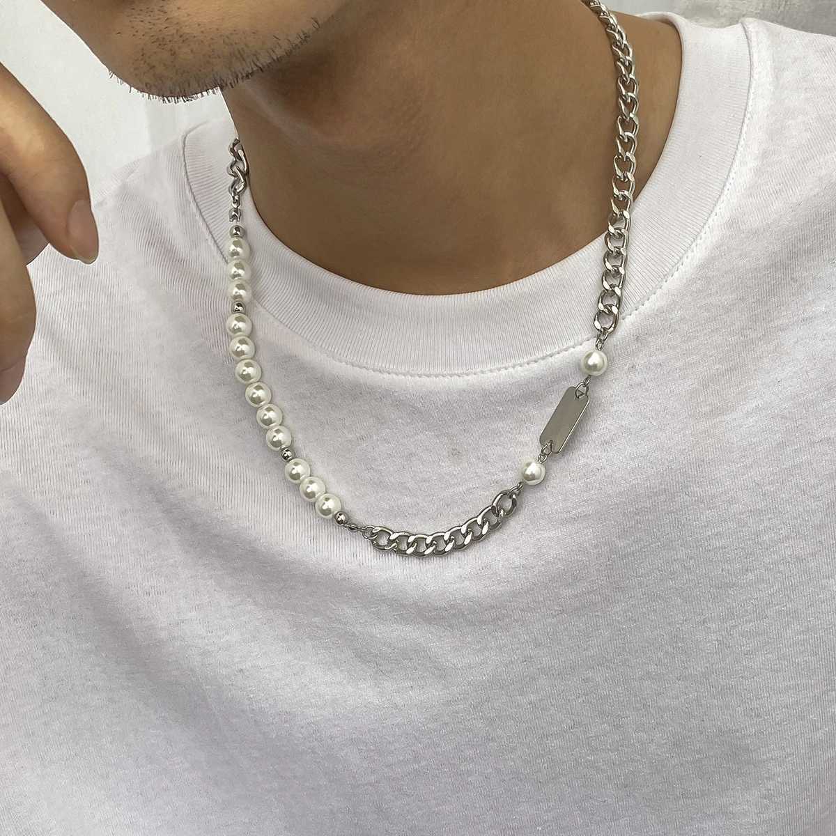 Hip Hop Asymmetric Curb Cuban Link Chain Necklace For Men Classic Imitation Pearl Beaded Collar High Quality Neo-gothic JewelryX241009