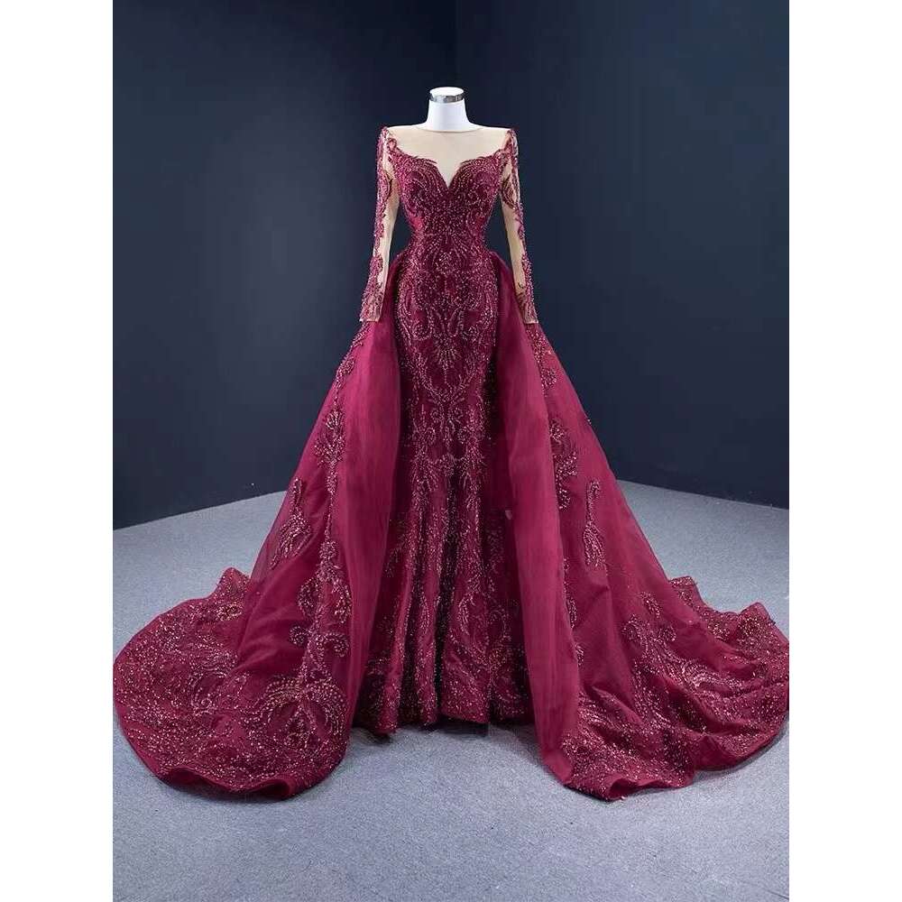 Red Birthday Party Banquet Wedding Dress Ladies Long Sleeve Sweep Train Bridal Gowns