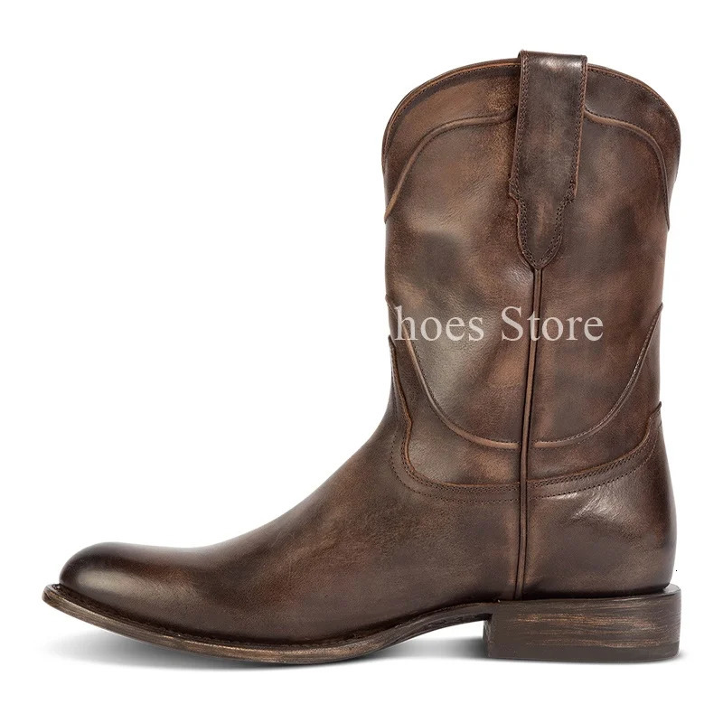 Western Cowboy Chelsea Boots Retro Mid calf Boots Corner Toe Classic Shoes Genuine Leather Worker Winter Mens Boots 240923