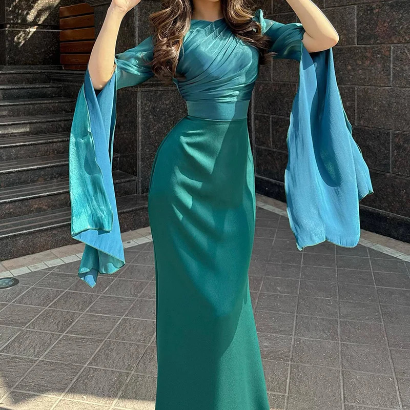 Fashion Satin Solid Robe Dress Ladies Temperament Oneck Slim Evening Elegant Batwing Sleeves High Waist Pleats Long 241009