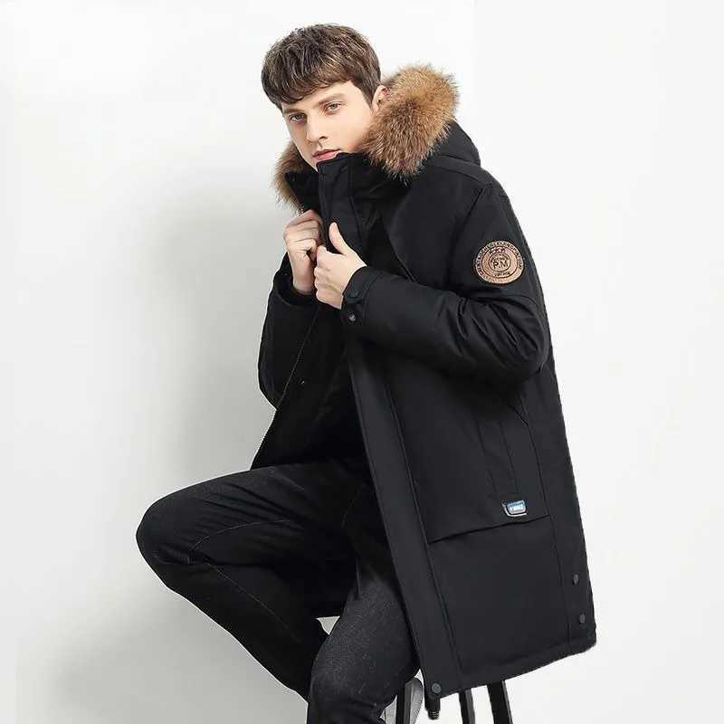 Men's Down Parkas 2024 New Men Down Jacket Winter Coat Mid-length Loose Frock Parkas Thicken Warm Fur Collar Outwear Hooded Trend Overcoat Y24100