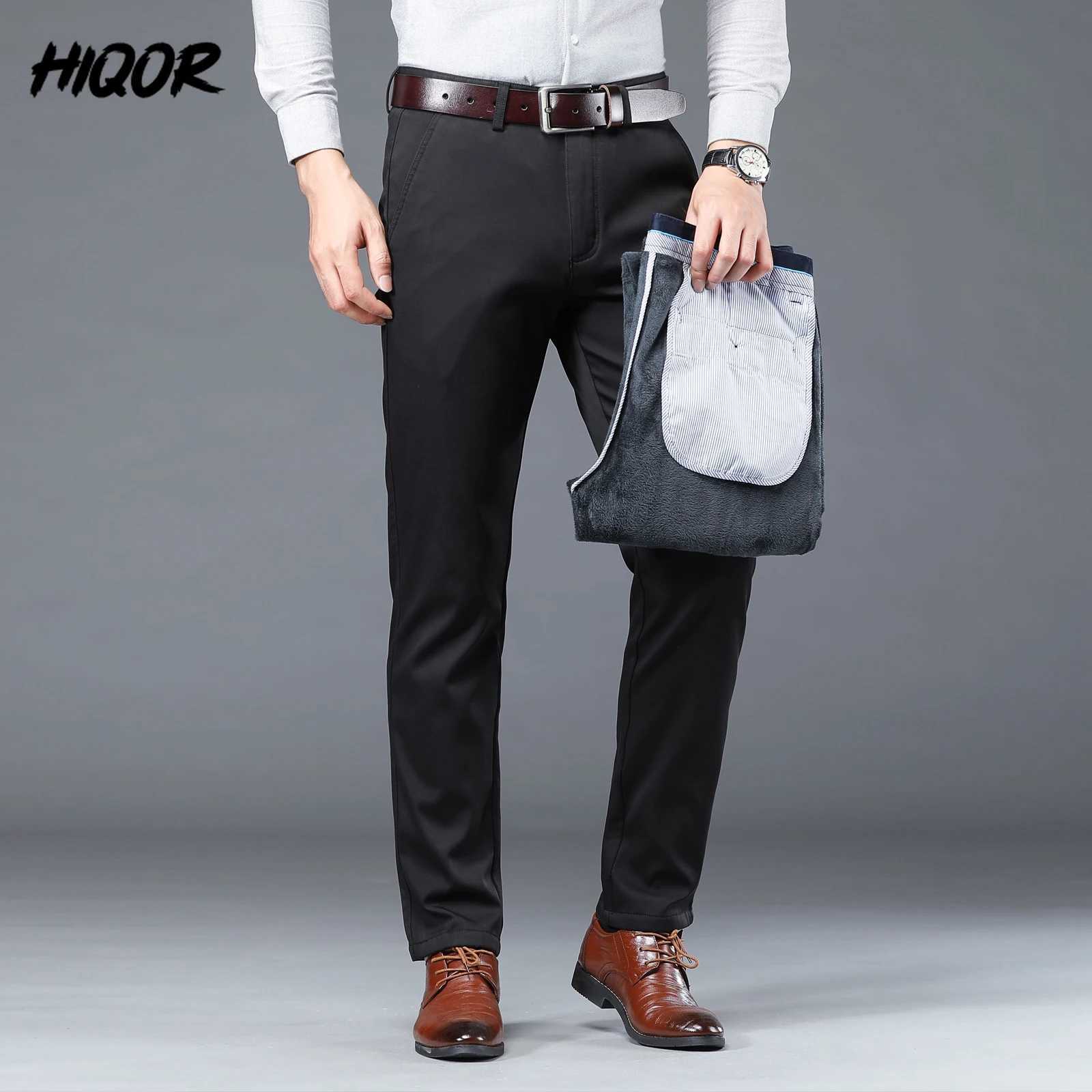 HIQOR Winter Wool Mens Casual Pants Elastic Solid Business Straight Pants Office Set Pants Autumn Pocket Pants Ropa Hombre W241009